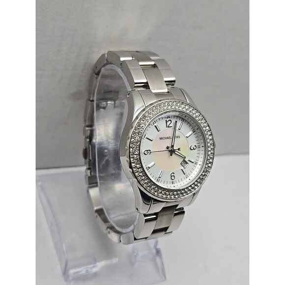 Michael Kors MK54C1 Silver Crystal Bezel White Dial Date Quartz New Battery - Picture 3 of 12